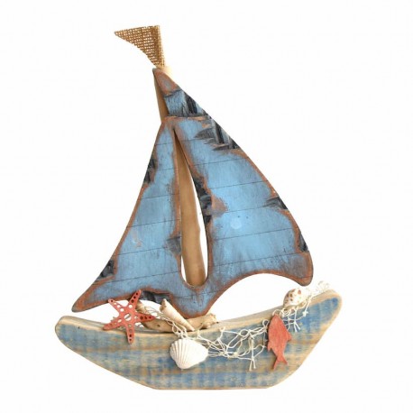 FIGURA BARCO VELERO AZUL MADERA 22X4X28 CM.