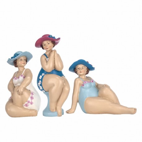 SET 3 FIGURAS MUJERES BAÑISTAS CON BAÑADOR Y SOMBRERO RESINA 8X7X18.50 CM.