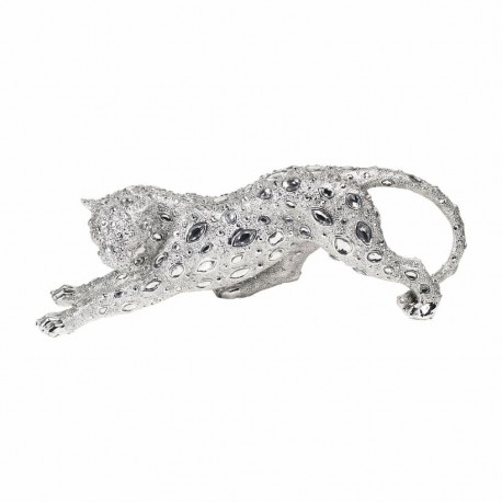 FIGURA LEOPARDO PLATA RESINA 40X8X15 CM.