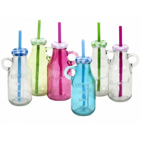 LOTE 15 BOTELLAS CON ASA LUKE DE CRISTAL CON PAJITA EN COLORES SURTIDOS 14 CM. 250 ML.