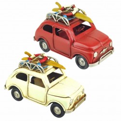 SET 2 FIGURAS COCHE CON TABLA SURF Y SALVAVIDAS METAL RETRO 11X5X6 CM.