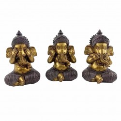 SET 3 FIGURAS GANESHA NO VEO, NO OIGO, NO HABLO RESINA DORADO ORIENTAL 11X9X17 CM.