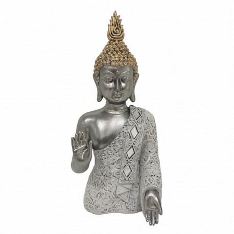 FIGURA BUDA CON MANO LEVANTADA RESINA ORIENTAL PLATA 13X10X27.50 CM.