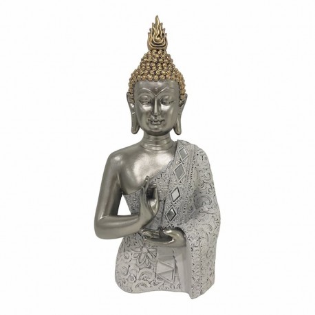 FIGURA BUDA RESINA ORIENTAL PLATA 16.5X12X35 CM.