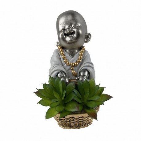 FIGURA NIÑO BUDA FELIZ CON CESTA DE PLANTAS RESINA ORIENTAL PLATA 11.5X8X15 CM.