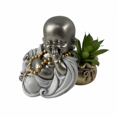 FIGURA NIÑO BUDA FELIZ CON SACO DE PLANTAS RESINA ORIENTAL PLATA 12X7X9.50 CM.