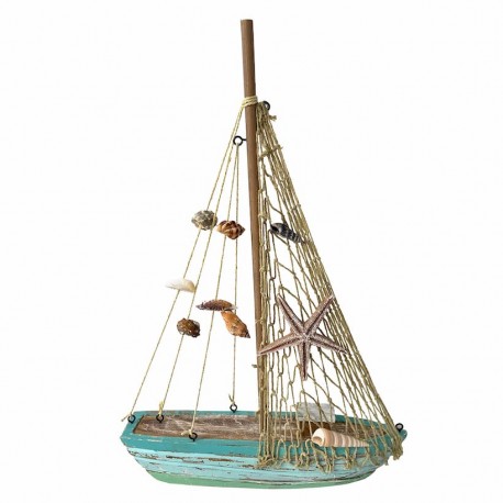 FIGURA BARCO VELERO CON CARACOLAS MADERA 24X5X35 CM.