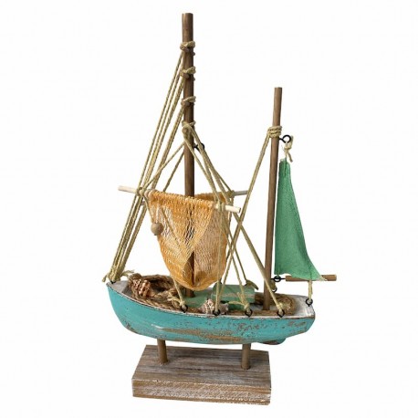 FIGURA BARCO VELERO CON RED Y VELA MADERA 19X5.5X31 CM.