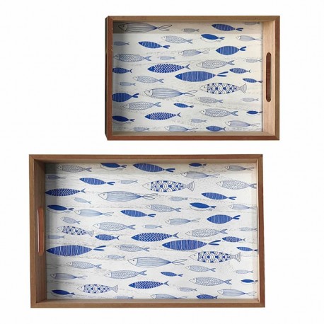 SET 2 BANDEJAS PECES AZULES MADERA 42X30X5 CM.