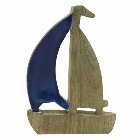 FIGURA BARCO VELERO CON VELA AZUL MADERA 15X2.5X20 CM.