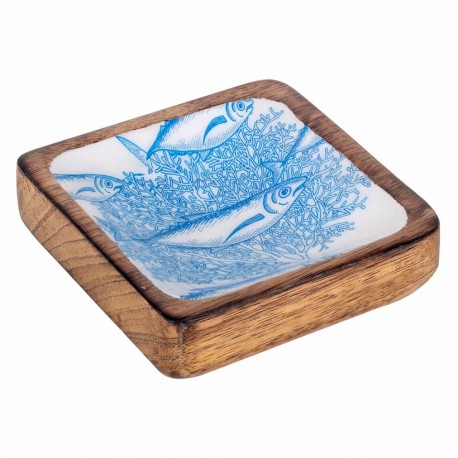 SET 2 PLATOS PECES AZUL MADERA 10X10X2.50 CM.