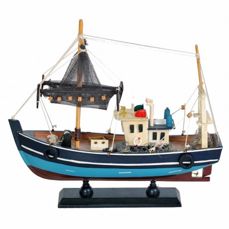 FIGURA BARCO PESQUERO CON RED MADERA 30X8X27 CM.