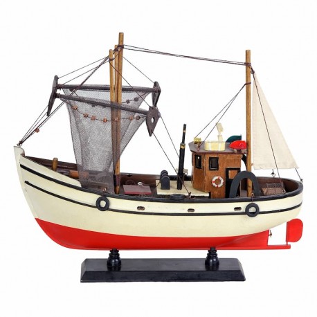 FIGURA BARCO PESQUERO CON RED MADERA 45X14X38 CM.