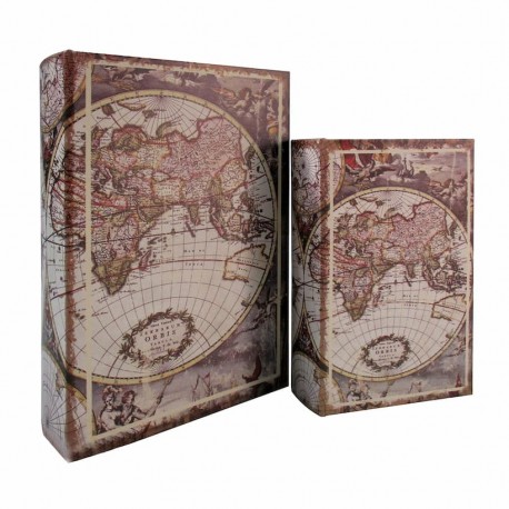 SET 2 CAJAS LIBRO MAPA MUNDO MADERA 18X7X27 CM.