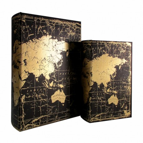 SET 2 CAJAS LIBRO MAPA MUNDO MADERA 18X7X27 CM.