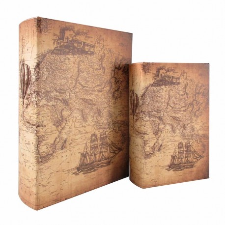 SET 2 CAJAS LIBRO MAPA MUNDO CON BARCO MADERA 18X7X27 CM.