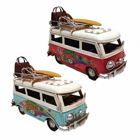 SET 2 FIGURAS FURGONETA FLORES HIPPIE RETRO METAL 17X7.5X12 CM.