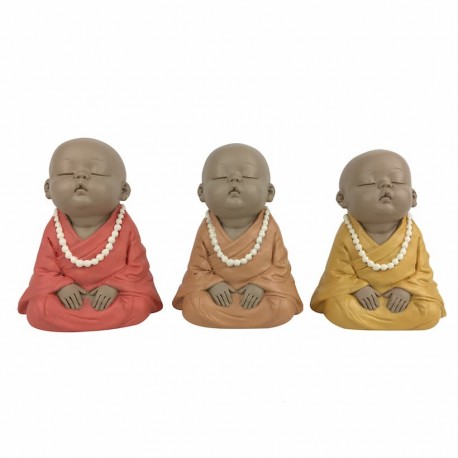 SET 3 FIGURAS MONJES SENTADOS MEDITANDO RESINA 8X8.5X10 CM.