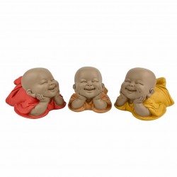 SET 3 FIGURAS MONJES TUMBADOS SONRIENDO RESINA 15X10.5X9 CM.