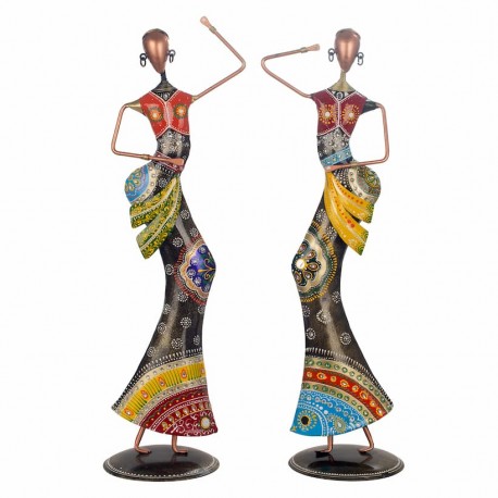 SET 2 FIGURAS MUJERES AFRICANAS BAILANDO DANZA HOJALATA ÉTNICO 21X18X66 CM.