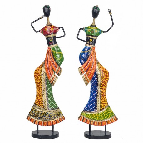 SET 2 FIGURAS MUJERES AFRICANAS BAILANDO DANZA HOJALATA ÉTNICO 15X8.50X48 CM.