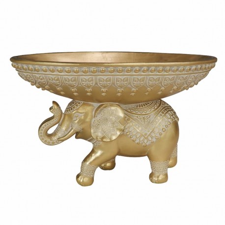 FIGURA ELEFANTE CON PLATO DORADO RESINA 29X18X18 CM.