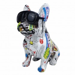 FIGURA PERRO BULLDOG FRANCÉS CON GAFAS DE SOL MULTICOLOR RESINA 16.50X30X34 CM.