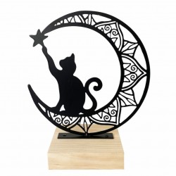 FIGURA GATO SENTADO SOBRE LUNA METAL Y MADERA 23X8X25.50 CM.