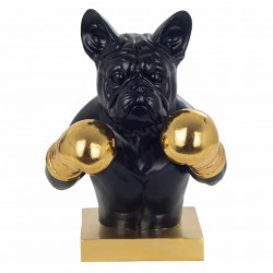 FIGURA PERRO BULLDOG BOXEADOR CON GUANTES DE BOXEO DORADOS RESINA 25.50X25.50X35.50 CM.