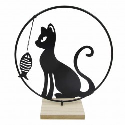 FIGURA ADORNO SOBREMESA GATO SENTADO CON PEZ METAL Y MADERA 25X8.5X28 CM.