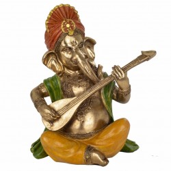 FIGURA GANESHA CON INSTRUMENTO MÚSICA RESINA 22X14X27 CM.