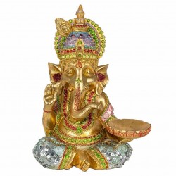 FIGURA PORTAVELAS GANESHA SENTADA RESINA DORADO ORIENTAL 18X12X23 CM.