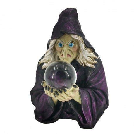 FIGURA BRUJA CON BOLA MÁGICA RESINA 12.5X12X15.5 CM.