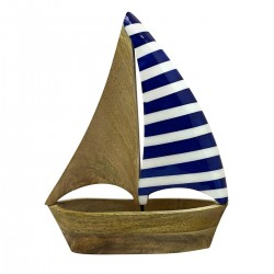 FIGURA BARCO VELERO CON VELA RAYAS AZUL MADERA 28X8X36 CM.